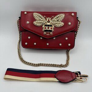 Red Faux Leather With Pearl Studded Mini Bee Shoulder Bag Chain Strap Purse